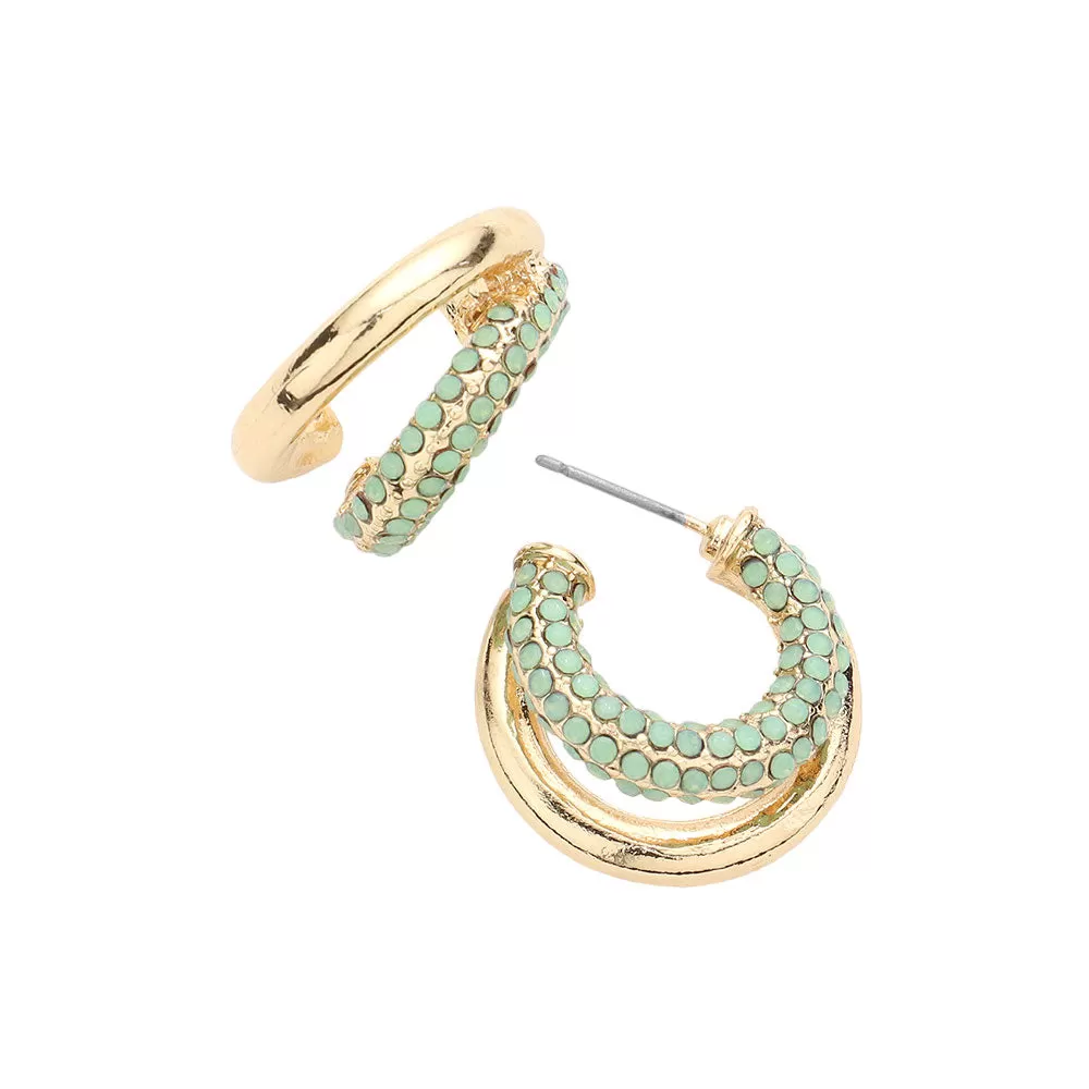 Rhinestone Embellished Split Metal Hoop Earrings