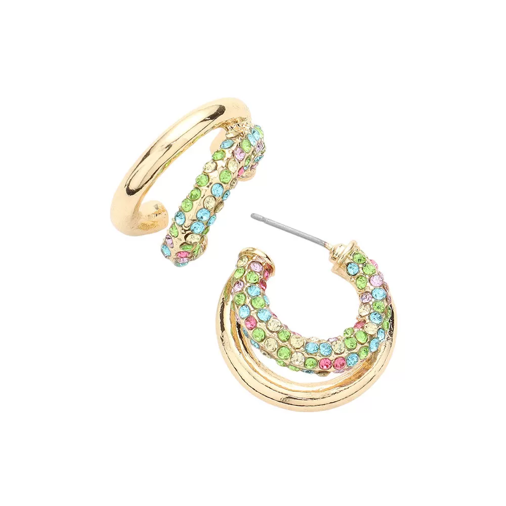 Rhinestone Embellished Split Metal Hoop Earrings