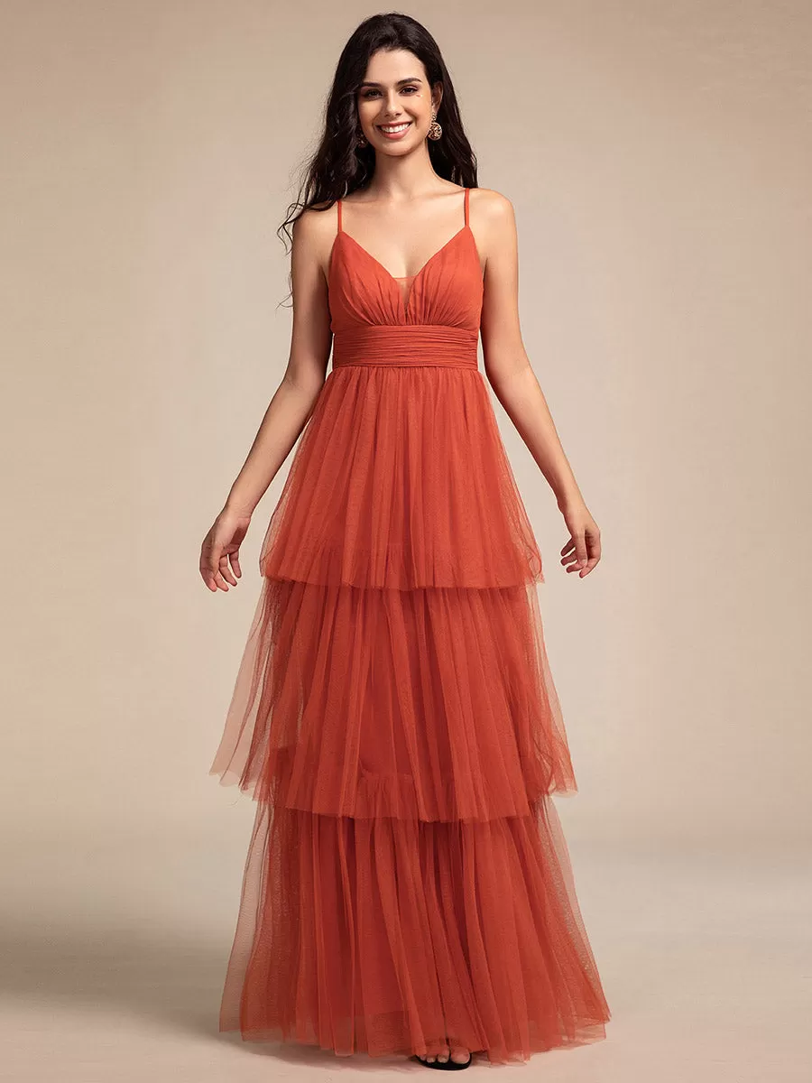 Romantic V Neck See-Through Cake pleated Bridesmaid Tulle Dresses