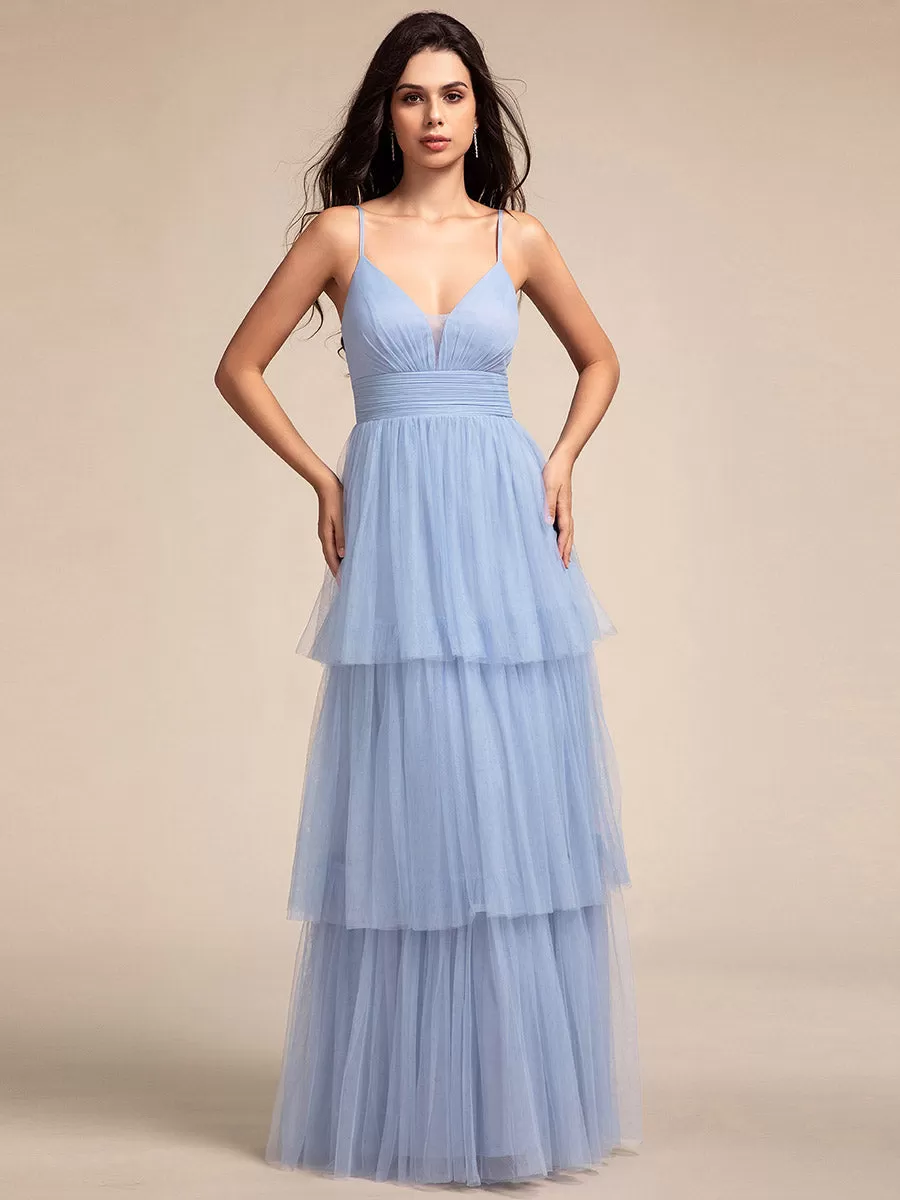 Romantic V Neck See-Through Cake pleated Bridesmaid Tulle Dresses