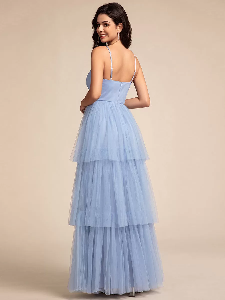 Romantic V Neck See-Through Cake pleated Bridesmaid Tulle Dresses