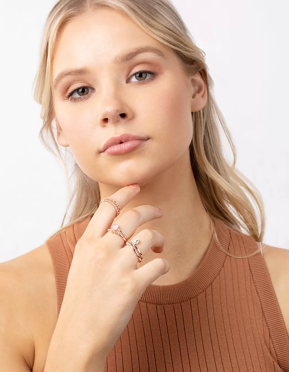 Rose Gold Diamante Stone Ring Set