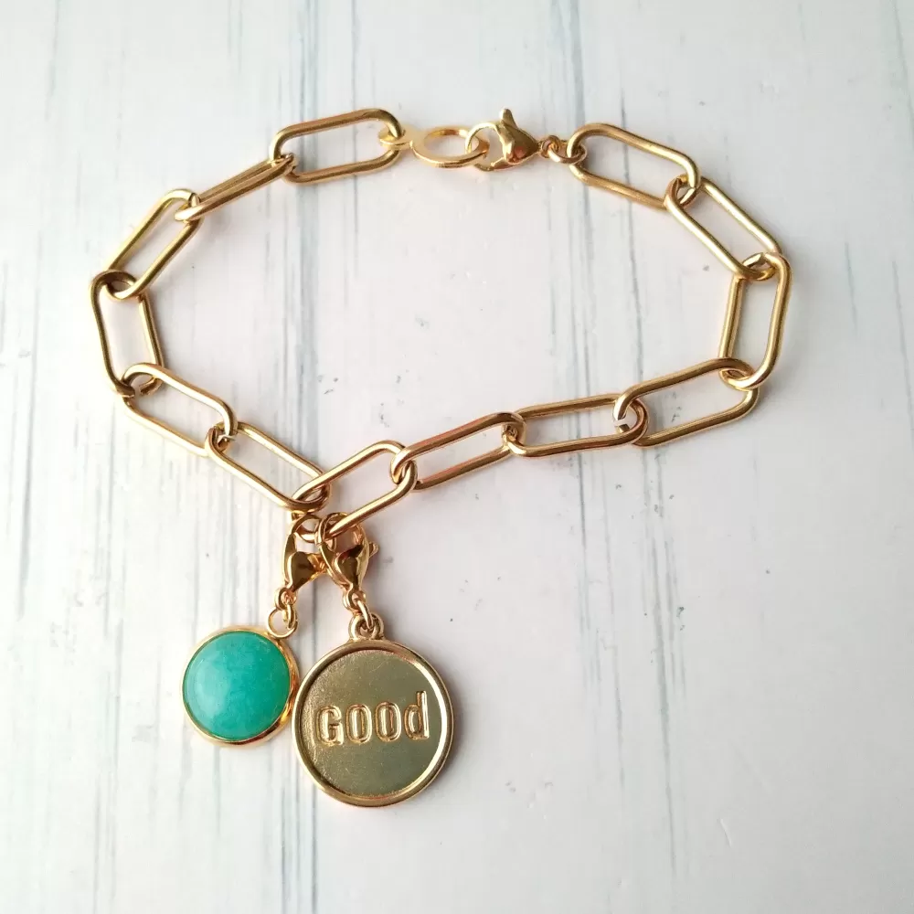 Round Amazonite and Good Affirmation Paperclip Bracelet