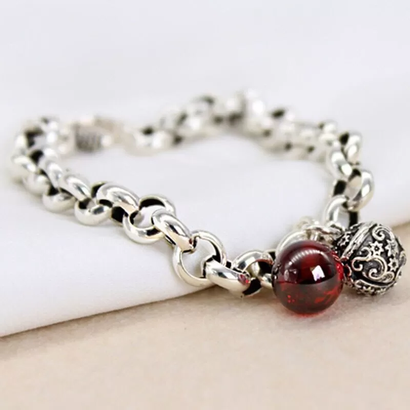 Ruby Round Pendant Chain Bracelet