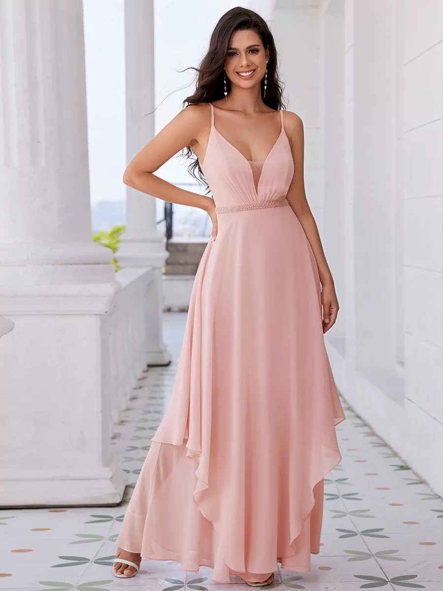 Ruffle Hem and Pearl Waist Detail V-Neck Backless Chiffon Bridesmaid Dress