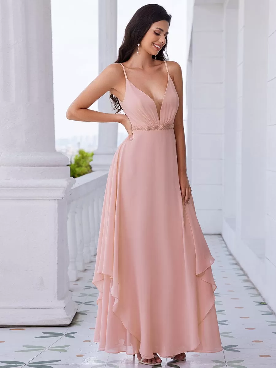 Ruffle Hem and Pearl Waist Detail V-Neck Backless Chiffon Bridesmaid Dress