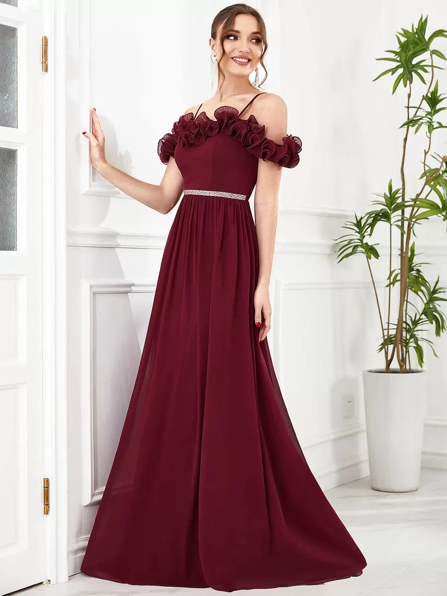 Ruffled Spaghetti Strap Sequin Waist Cold Shoulder Chiffon Bridesmaid Dress