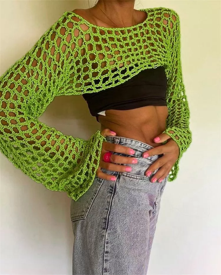 See Through Fish Net Crop Top Crochet Knit Cropped Blouse