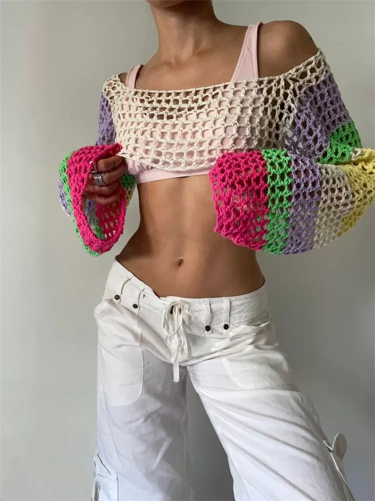 See Through Fish Net Crop Top Crochet Knit Cropped Blouse