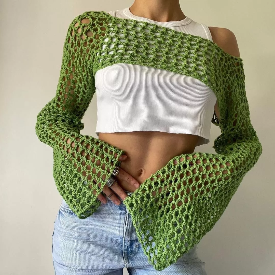 See Through Fish Net Crop Top Crochet Knit Cropped Blouse