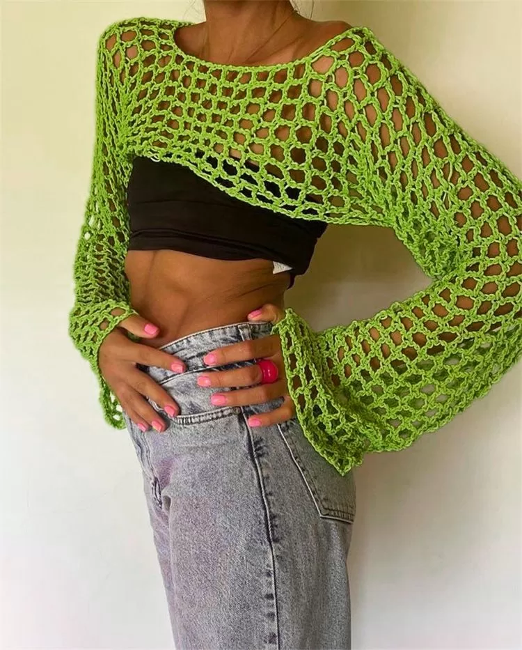 See Through Fish Net Crop Top Crochet Knit Cropped Blouse