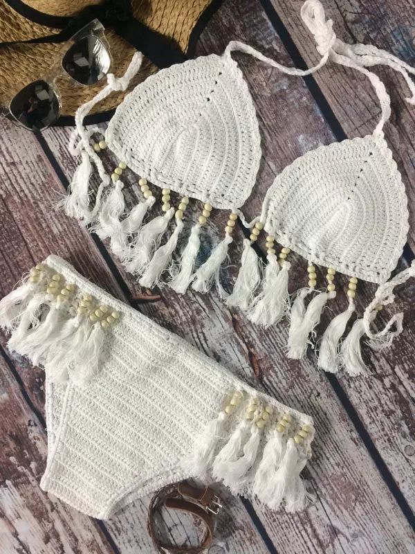 Sexy Pure Color Crochet Tassels Bikini Sets