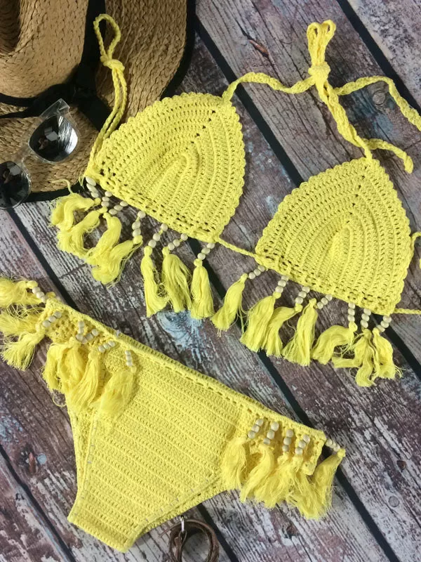 Sexy Pure Color Crochet Tassels Bikini Sets