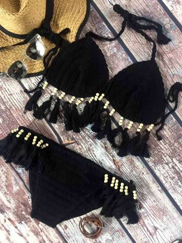 Sexy Pure Color Crochet Tassels Bikini Sets