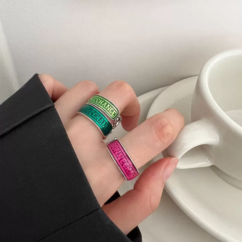 Silver Enamel Horizontal Bonne Chance Letter Ring