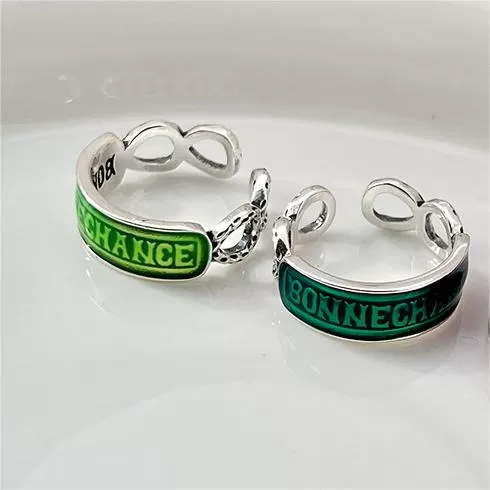 Silver Enamel Horizontal Bonne Chance Letter Ring