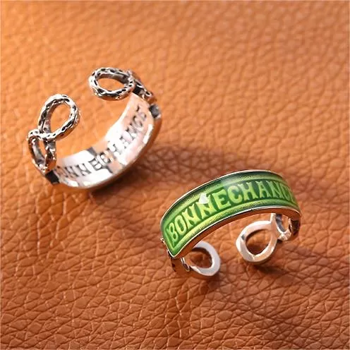 Silver Enamel Horizontal Bonne Chance Letter Ring