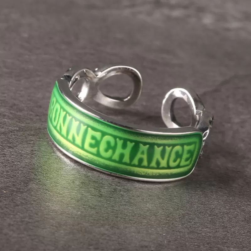 Silver Enamel Horizontal Bonne Chance Letter Ring