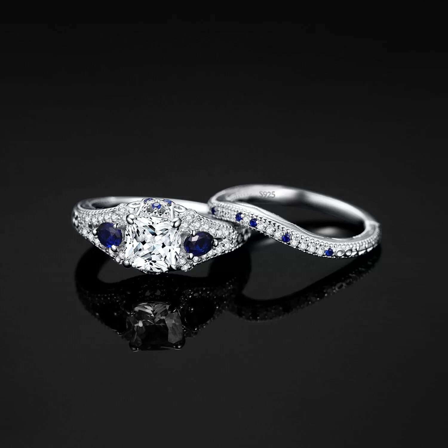 Simulated Diamond Created Sapphire Bridal Set - 925 Sterling Silver