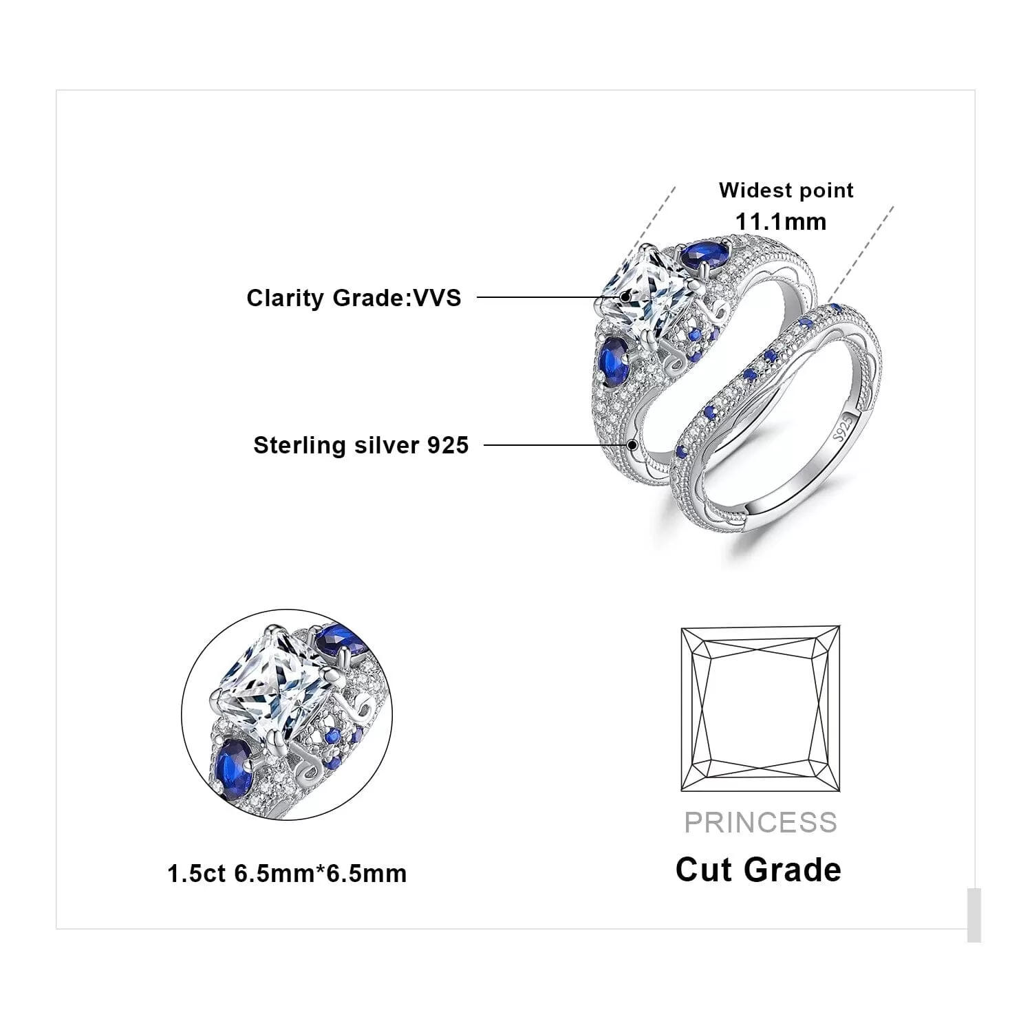 Simulated Diamond Created Sapphire Bridal Set - 925 Sterling Silver