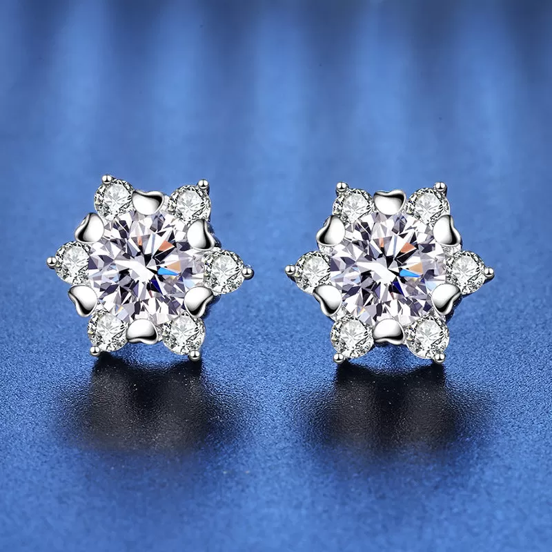 Snowflake Silver Pin Moissanite Earrings