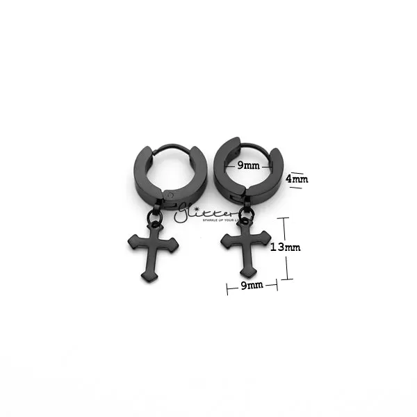 Stainless Steel Dangle Cross Huggie Hoop Earrings - Black