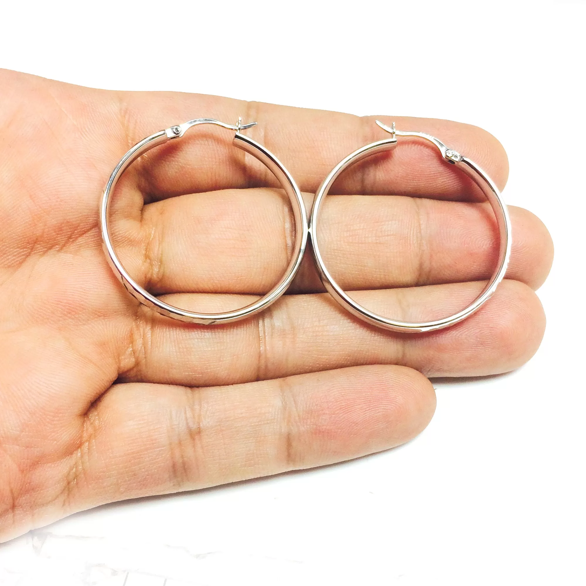 Sterling Silver Rhodium Finish Hammered Finish Hoop Earrings