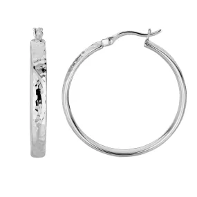 Sterling Silver Rhodium Finish Hammered Finish Hoop Earrings