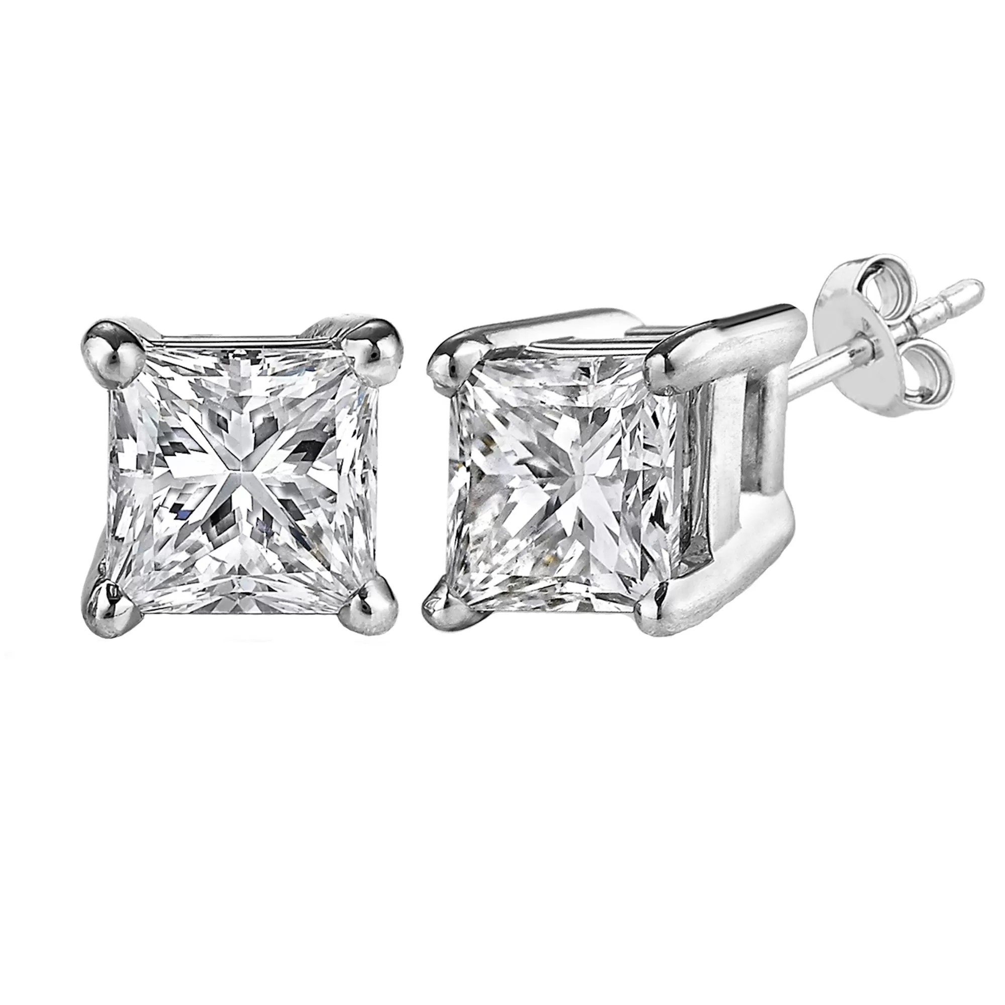 Sterling Silver Rhodium Finish Princess Cut Cubic Zirconia Stud Earring