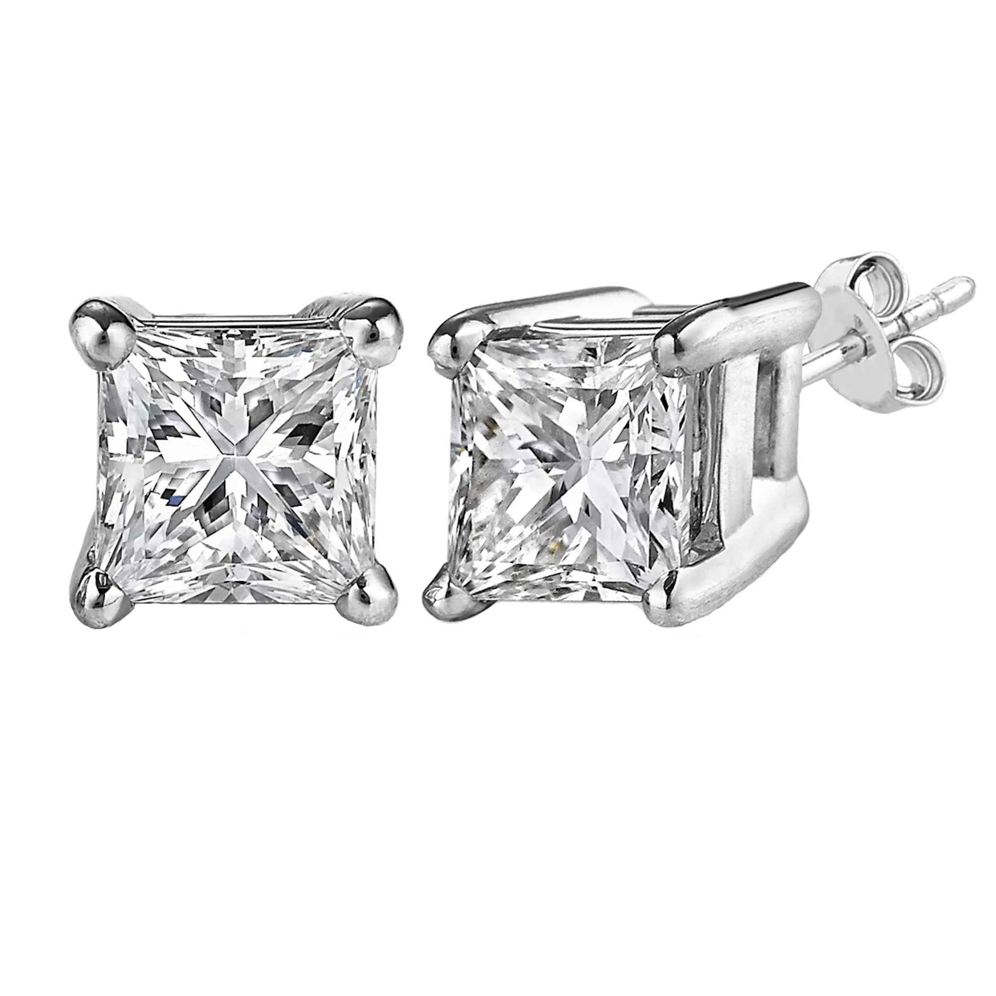 Sterling Silver Rhodium Finish Princess Cut Cubic Zirconia Stud Earring