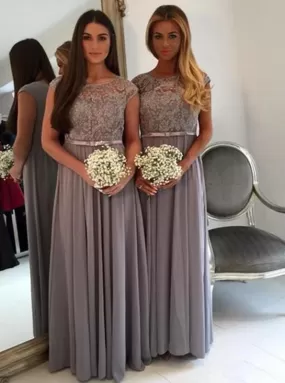 Stunning Bateau Cap Sleeves Floor-Length Grey Bridesmaid Dress