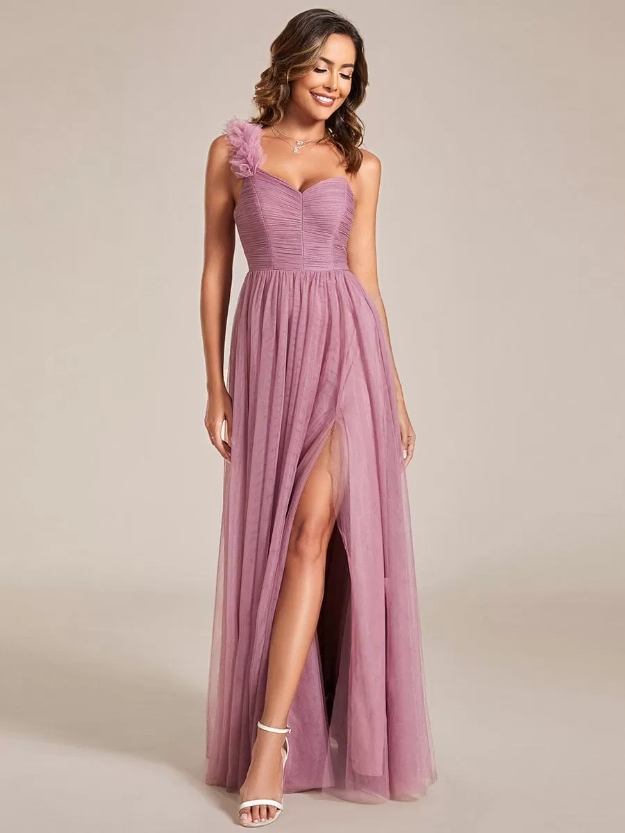 Sweetheart Neckline One Shoulder with Floral Tulle High Slit Bridesmaid Dress