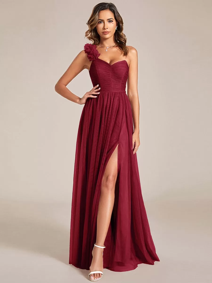 Sweetheart Neckline One Shoulder with Floral Tulle High Slit Bridesmaid Dress