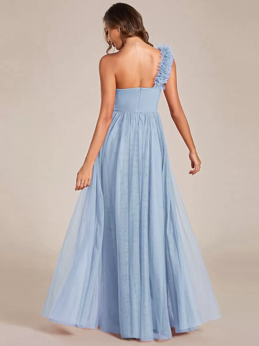 Sweetheart Neckline One Shoulder with Floral Tulle High Slit Bridesmaid Dress