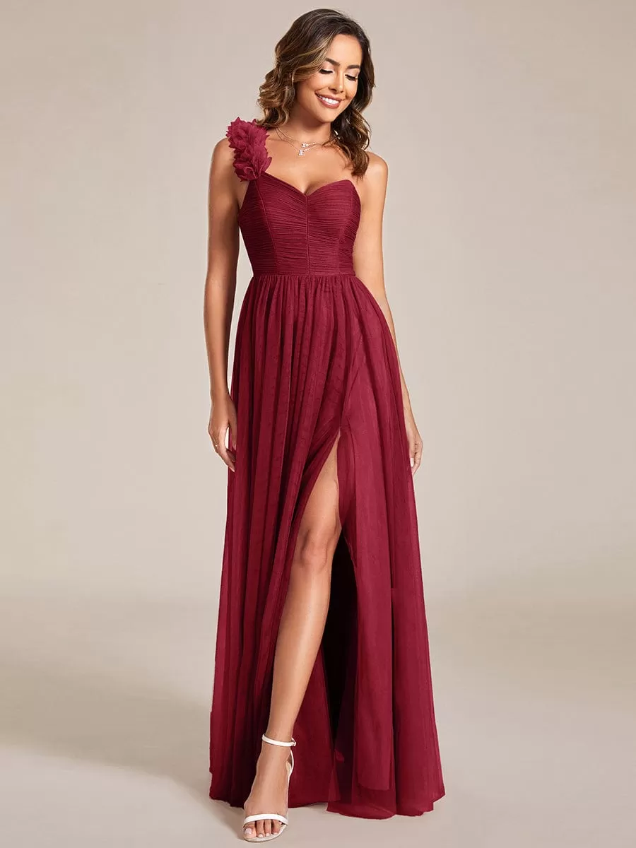 Sweetheart Neckline One Shoulder with Floral Tulle High Slit Bridesmaid Dress