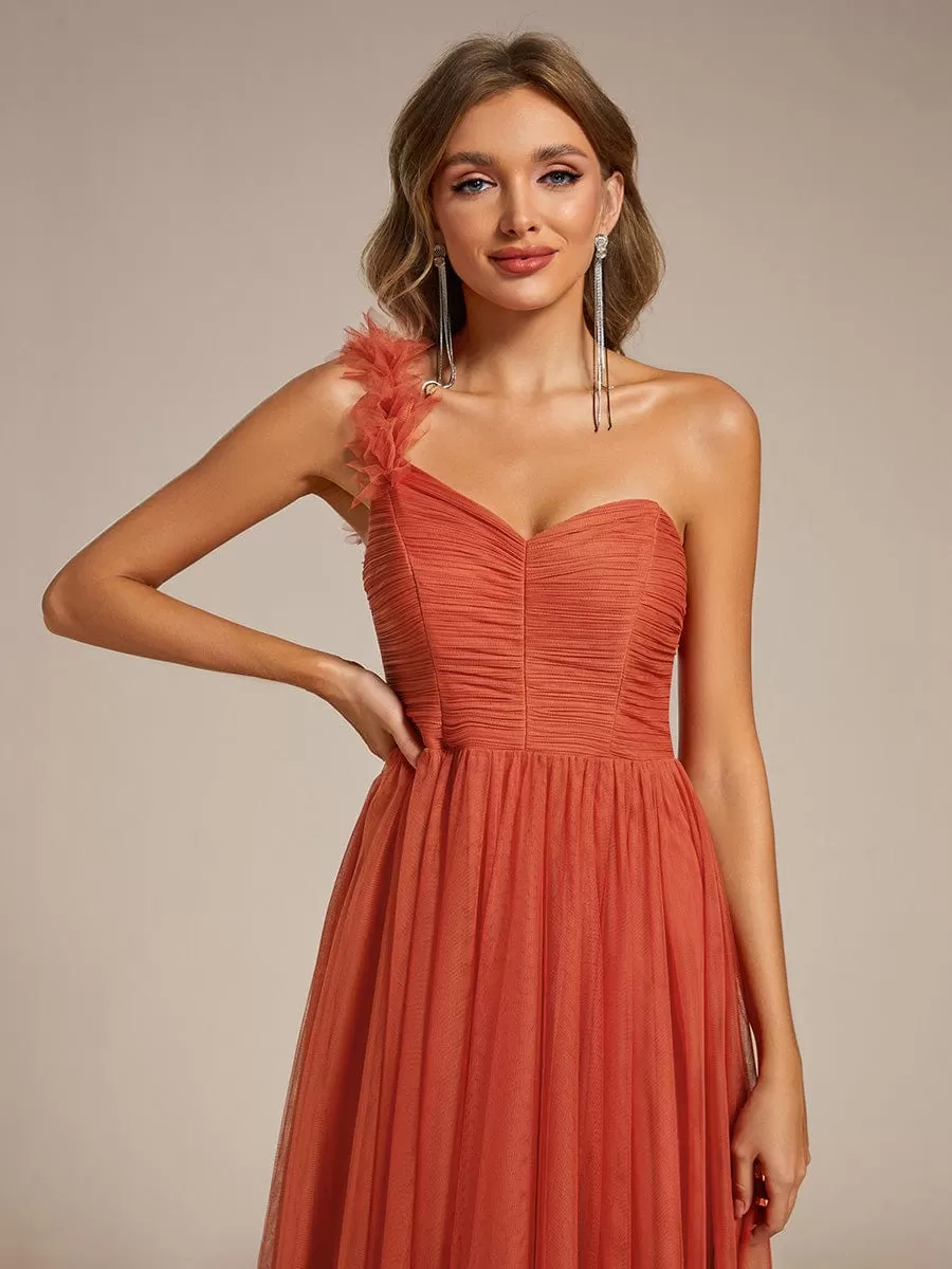 Sweetheart Neckline One Shoulder with Floral Tulle High Slit Bridesmaid Dress