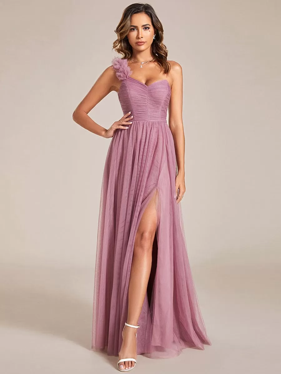 Sweetheart Neckline One Shoulder with Floral Tulle High Slit Bridesmaid Dress