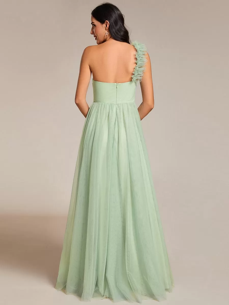 Sweetheart Neckline One Shoulder with Floral Tulle High Slit Bridesmaid Dress