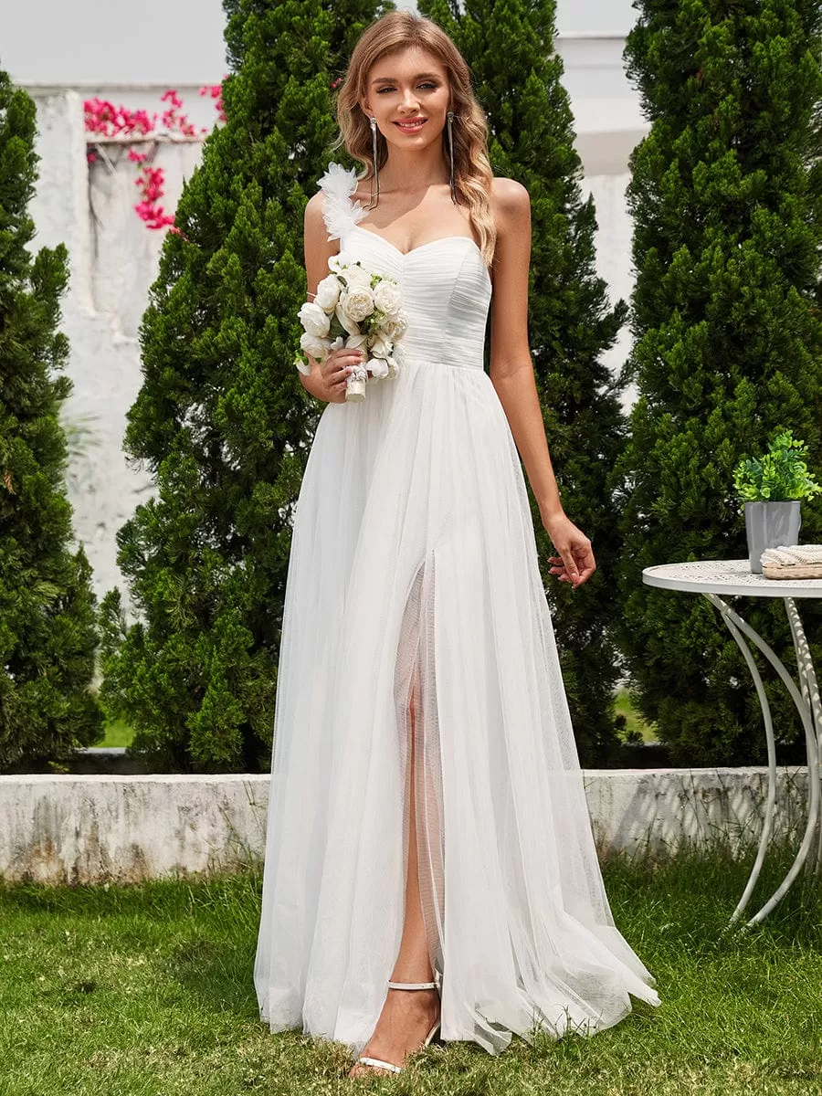 Sweetheart Neckline One Shoulder with Floral Tulle High Slit Bridesmaid Dress