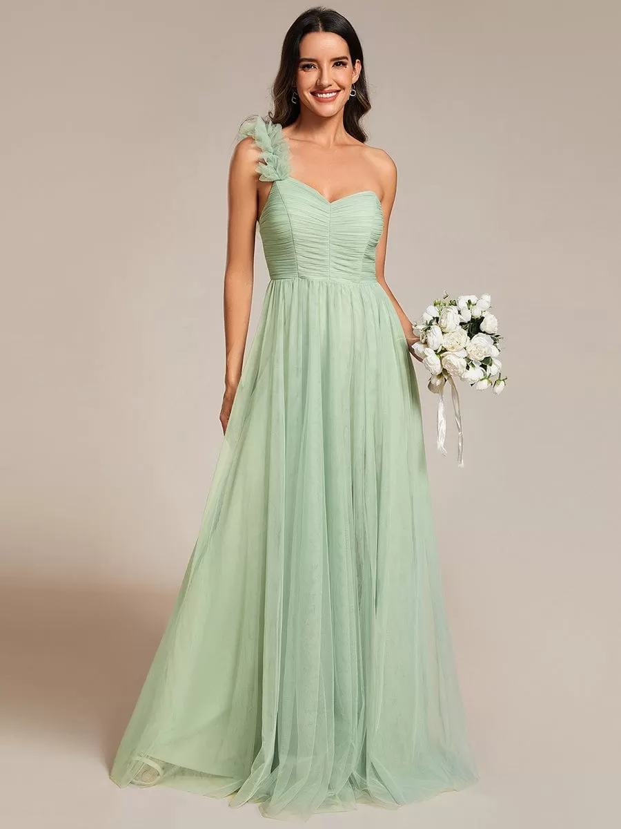 Sweetheart Neckline One Shoulder with Floral Tulle High Slit Bridesmaid Dress