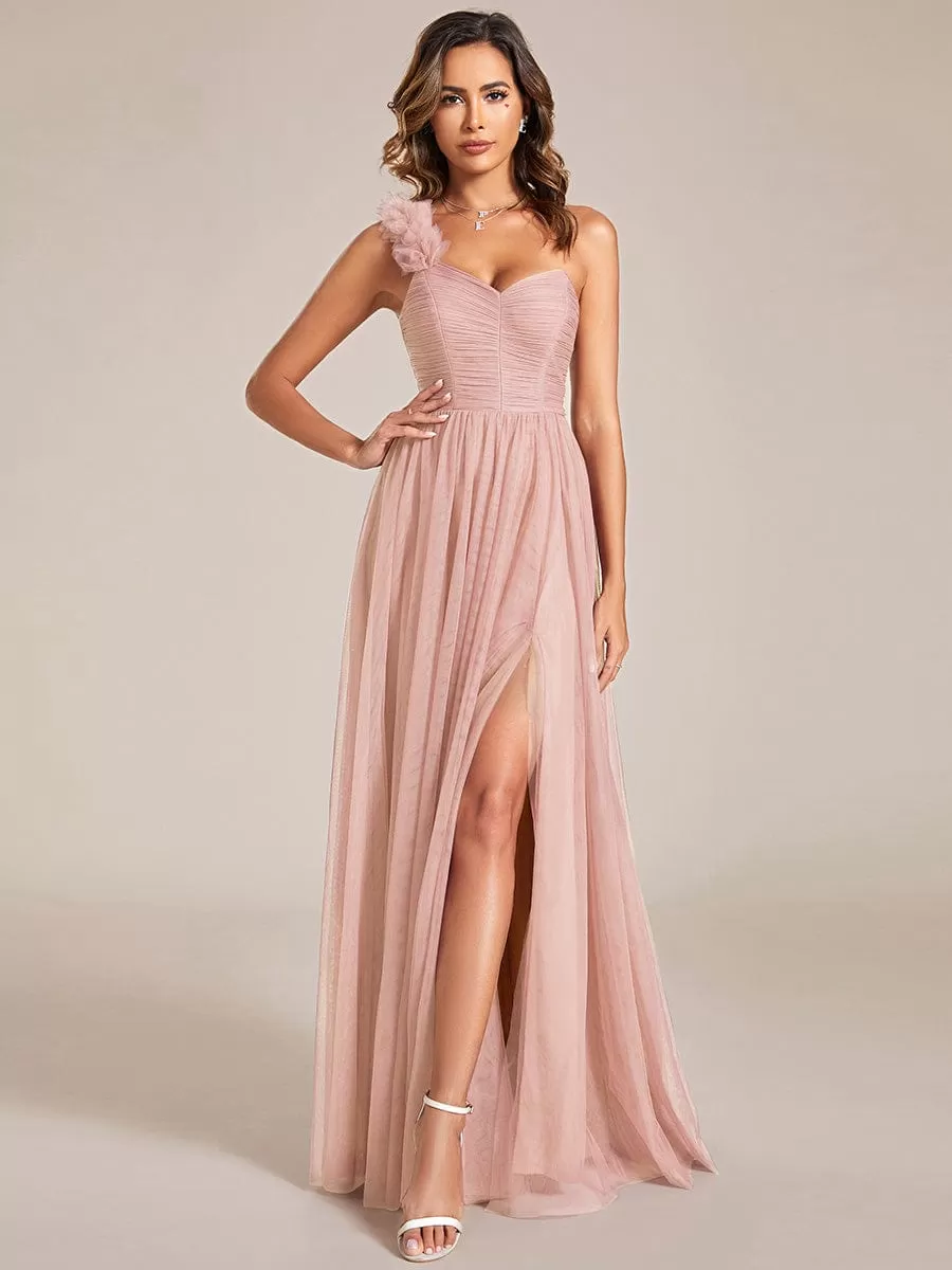 Sweetheart Neckline One Shoulder with Floral Tulle High Slit Bridesmaid Dress