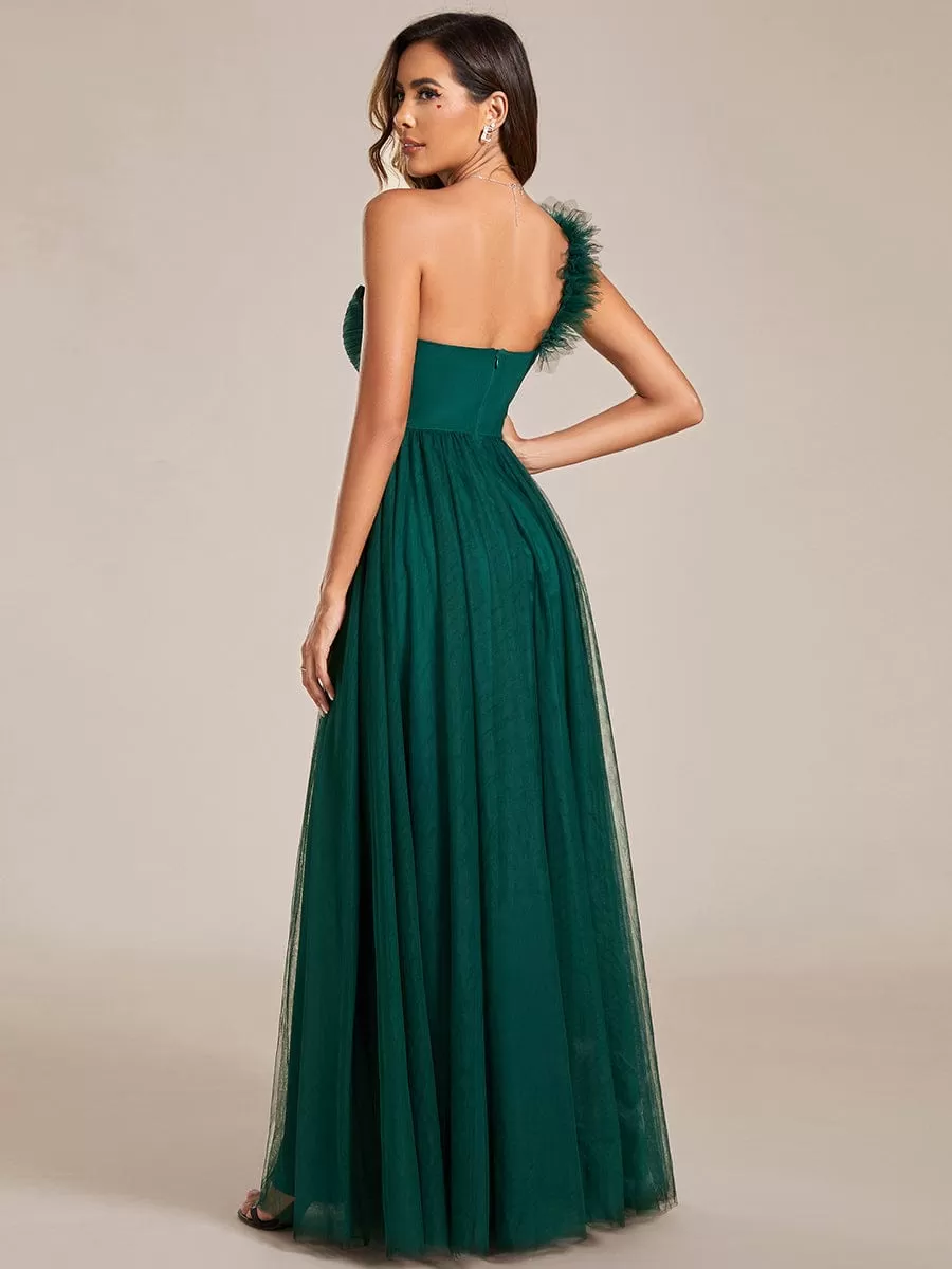 Sweetheart Neckline One Shoulder with Floral Tulle High Slit Bridesmaid Dress