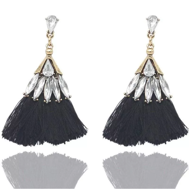 Trixy Tassels Rhinestone and Black Tassel Earrings