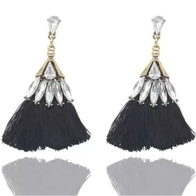 Trixy Tassels Rhinestone and Black Tassel Earrings