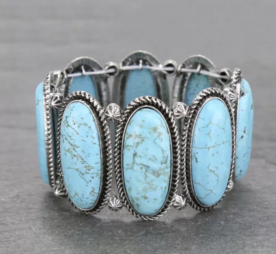 Turquoise Color Stone, Silver Setting, Western stretch bracelet