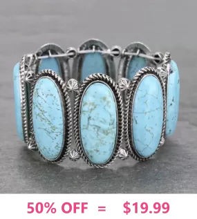 Turquoise Color Stone, Silver Setting, Western stretch bracelet