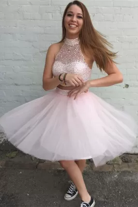 Two Pieces Pretty Sexy Charming Beading Halter Tulle Blush Pink Homecoming Dresses