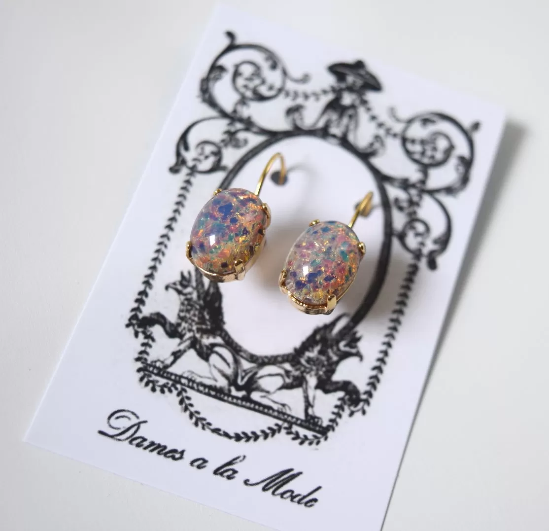 Vintage Glass Opal Earrings - Medium Oval