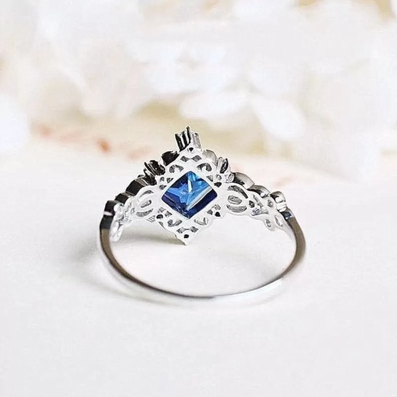 Vintage Princess Cut Lab Sapphire Ring - 925 Sterling Silver