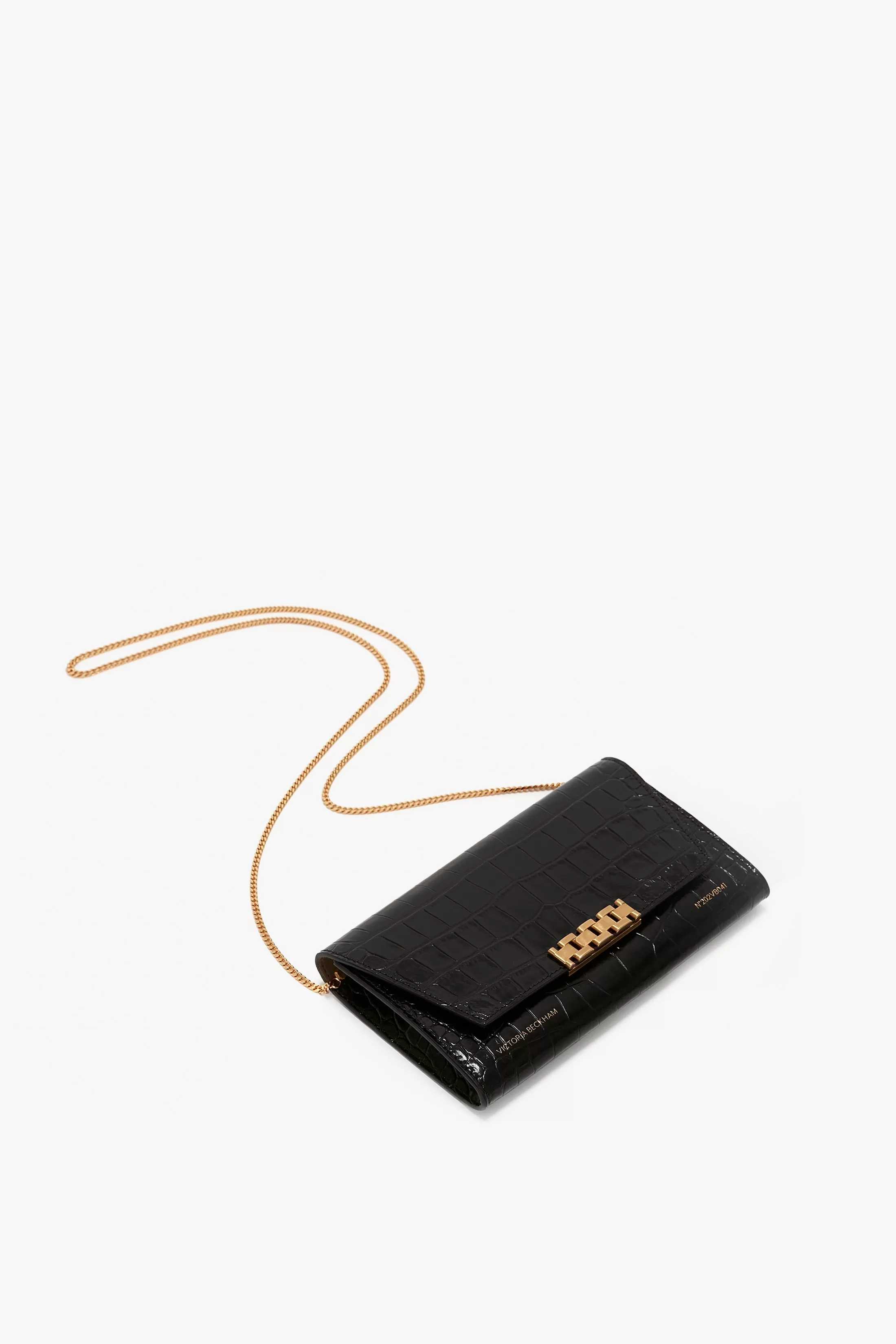 Wallet On Chain In Black Croc-Effect Leather